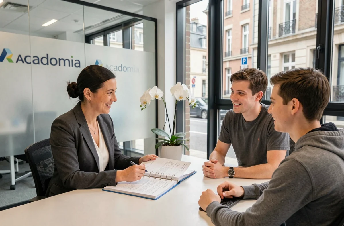 Coordinatrice pédagogique Acadomia Rennes en consultation avec un parent et son élève dans un bureau professionnel moderne