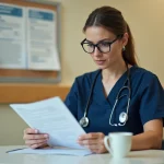 Aide-soignante étudiant les nouveaux protocoles de soins 2026 dans la salle de pause d'un hôpital