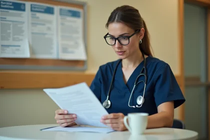 Aide-soignante étudiant les nouveaux protocoles de soins 2026 dans la salle de pause d'un hôpital