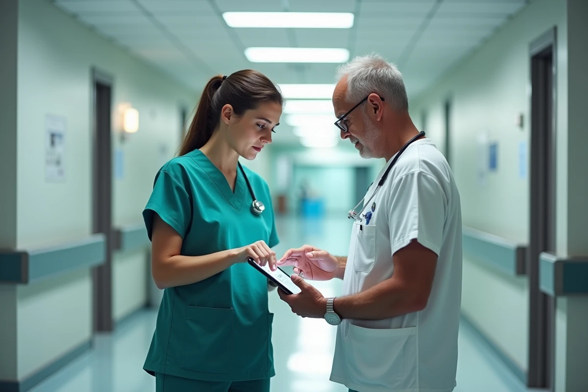 Deux aides-soignants discutant des nouveaux actes réglementaires 2026 sur une tablette numérique dans un couloir d'hôpital