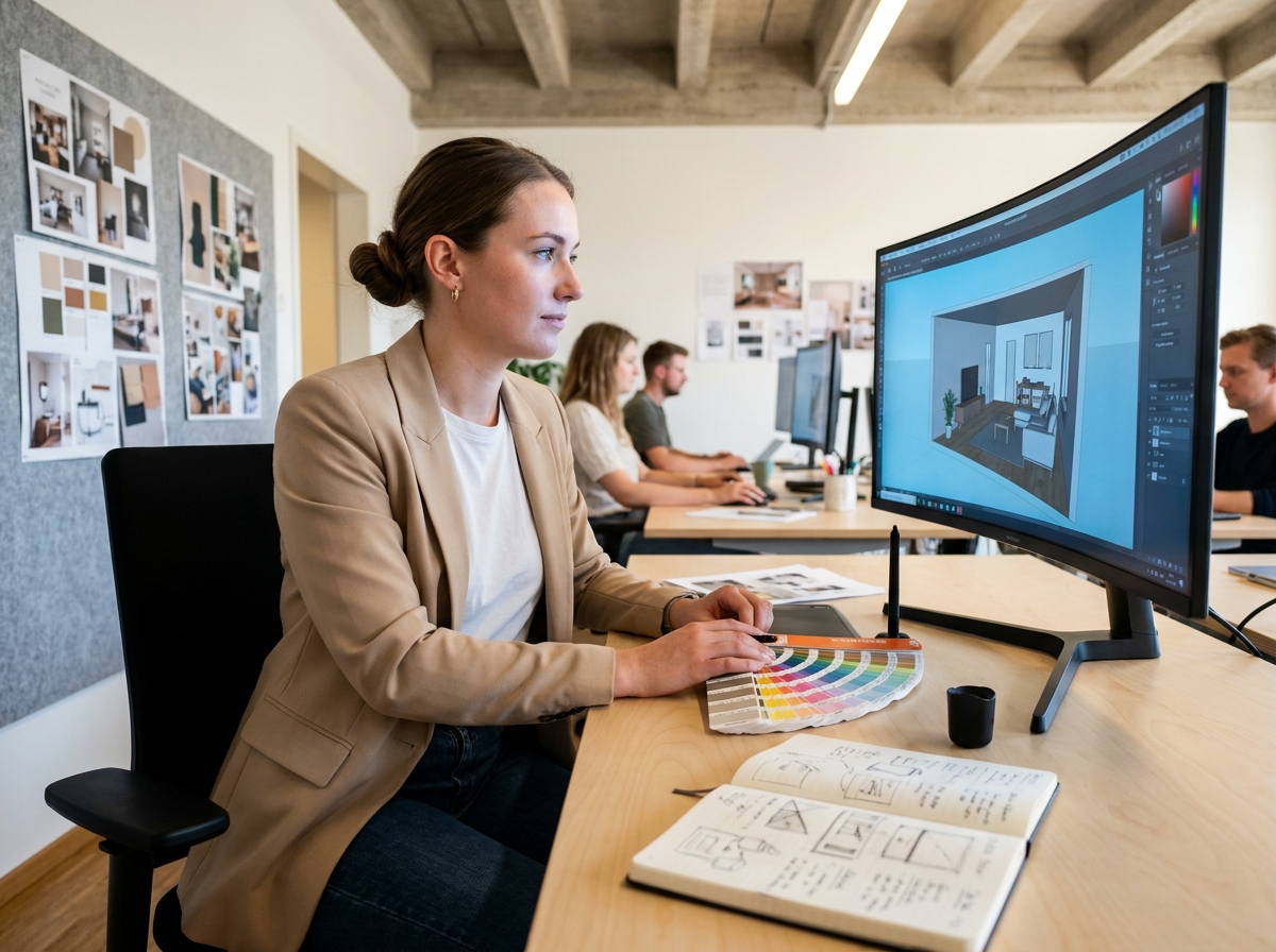Alternante en architecture d'intérieur travaillant sur un logiciel de modélisation 3D dans une agence de design moderne