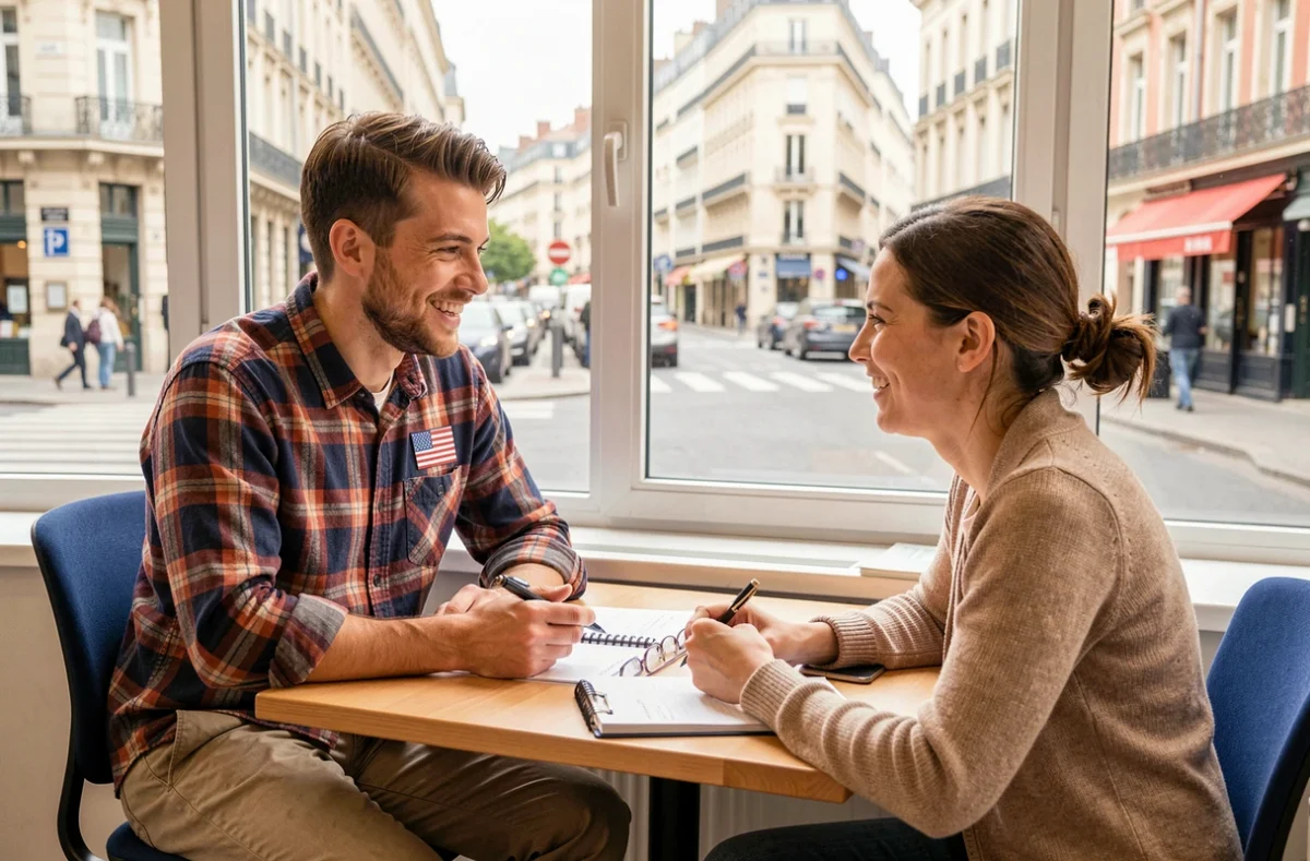 Professeur américain donnant un cours d'anglais personnalisé à Lyon