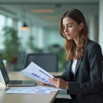 Analyste d'affaires au bureau avec ordinateur et graphiques