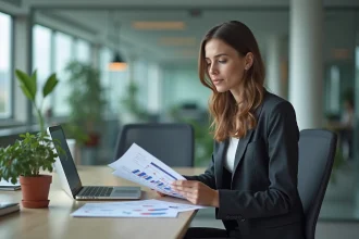 Analyste d'affaires au bureau avec ordinateur et graphiques