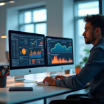 Jeune analyste de donnees travaillant sur un bureau moderne avec ecrans colorés