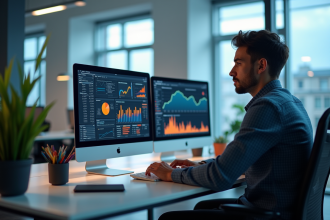 Jeune analyste de donnees travaillant sur un bureau moderne avec ecrans colorés