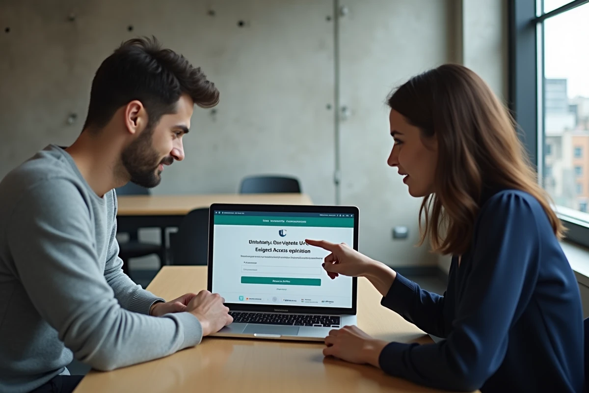 Deux anciens étudiants discutant de l'expiration de leur accès LEO UGA sur un ordinateur dans un espace de coworking