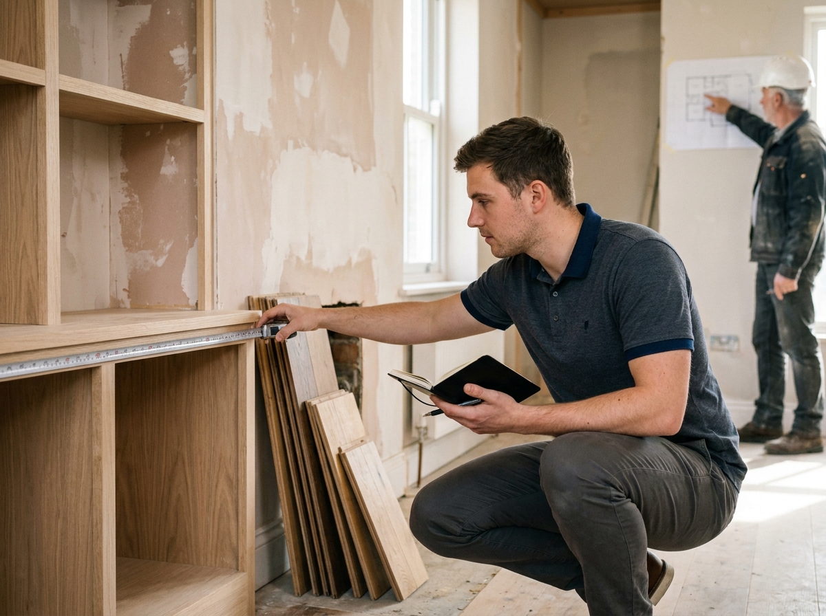 Apprenti en architecture d'intérieur prenant des mesures sur un chantier de rénovation résidentielle sous la supervision d'un architecte