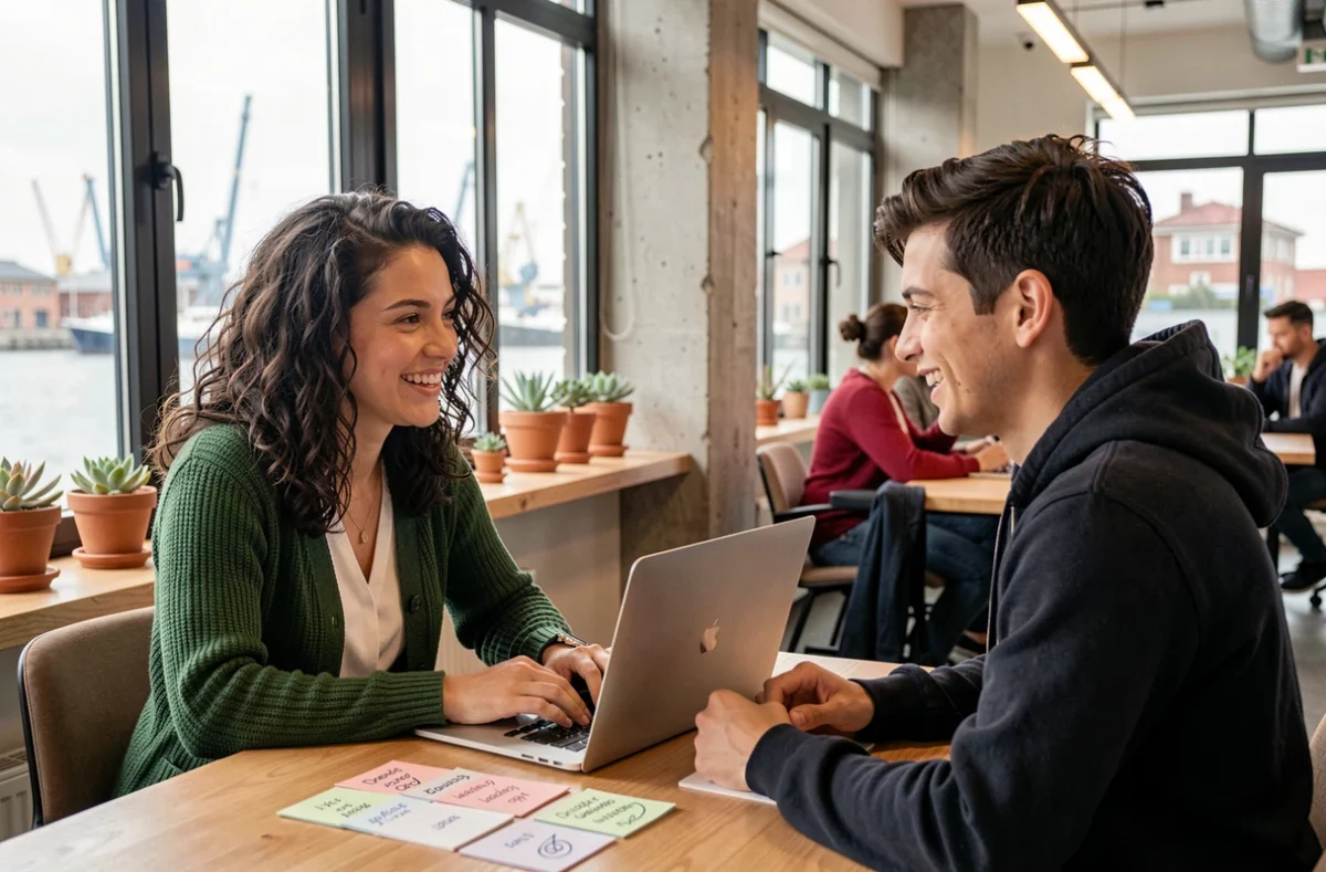 Tutrice Apprentus donnant un cours de conversation anglaise à un étudiant dans un espace de coworking à Brest avec vue sur le port