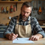 Artisan bricoleur en tablier consultant son certificat de formation bricolage dans un atelier domestique organisé