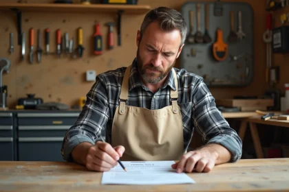 Artisan bricoleur en tablier consultant son certificat de formation bricolage dans un atelier domestique organisé