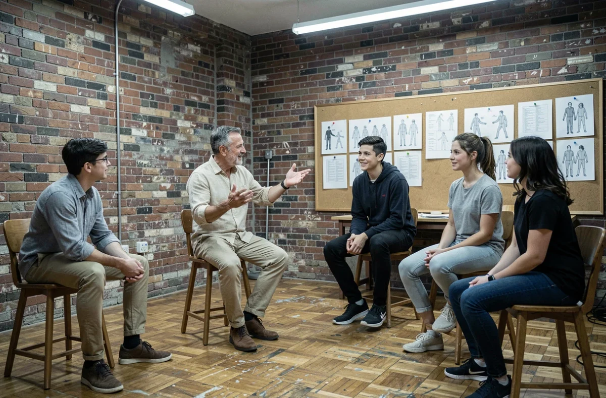 Cours de théâtre en groupe avec un professeur expérimenté dans un atelier de jeu d'acteur, formation cinéma Cours Florent