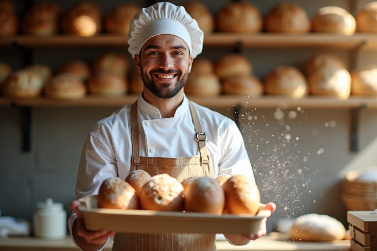 Boulanger souriant tenant un plateau de pain frais dans la boulangerie