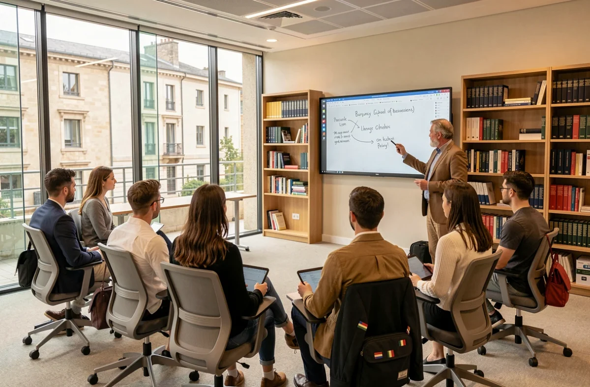 Cours en classe moderne au Burgundy School of Business campus Lyon avec professeur et étudiants internationaux