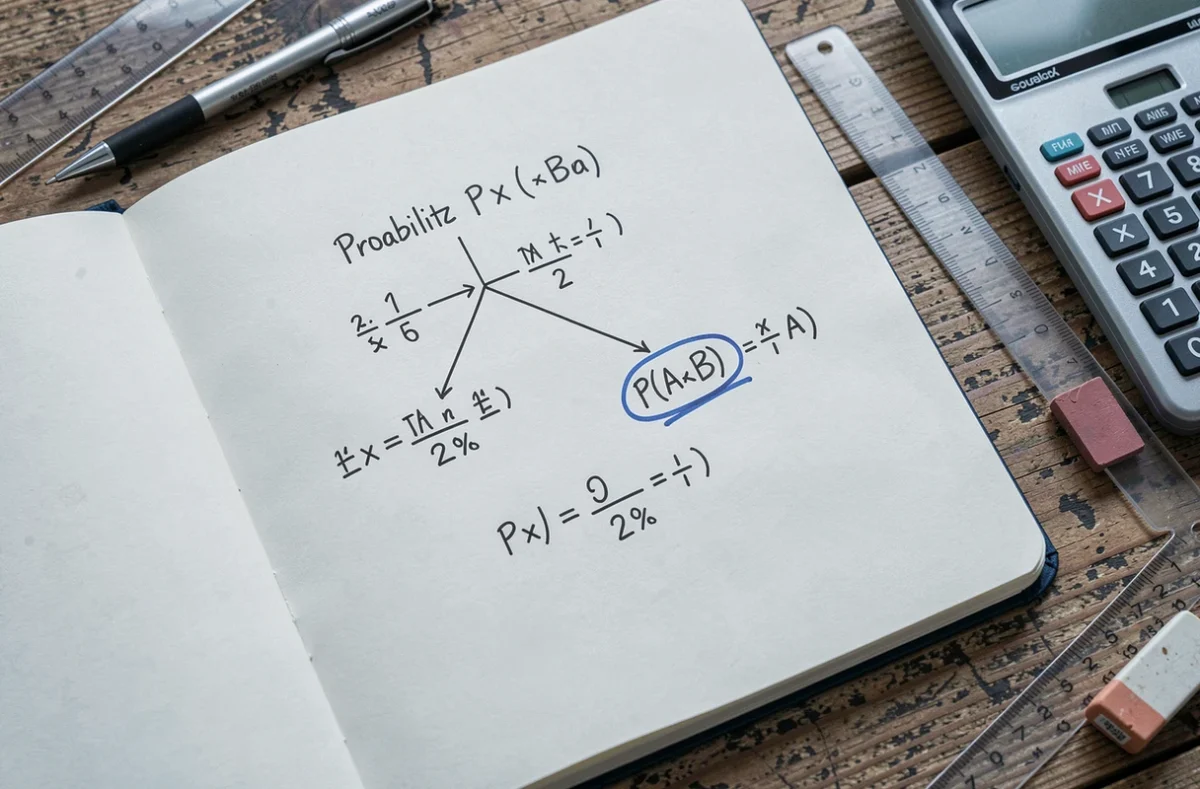 Vue de dessus d'un cahier ouvert avec un arbre de probabilité dessiné à la main montrant le calcul de P(A inter B) avec fractions