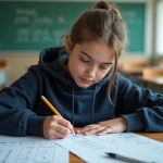 Lycéenne calculant sa moyenne avec coefficient à la main sur papier quadrillé dans une salle de classe