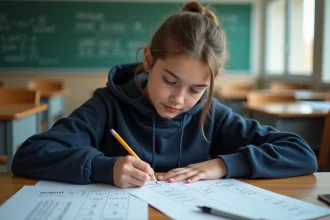 Lycéenne calculant sa moyenne avec coefficient à la main sur papier quadrillé dans une salle de classe