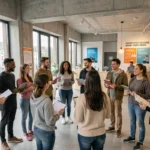 Groupe de stagiaires adultes divers dans le hall d'un centre de formation moderne en Seine-Saint-Denis