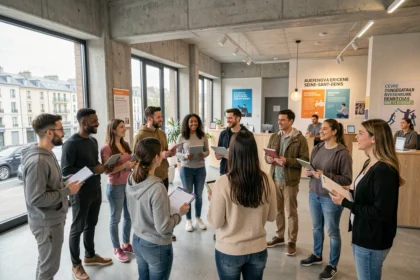 Groupe de stagiaires adultes divers dans le hall d'un centre de formation moderne en Seine-Saint-Denis