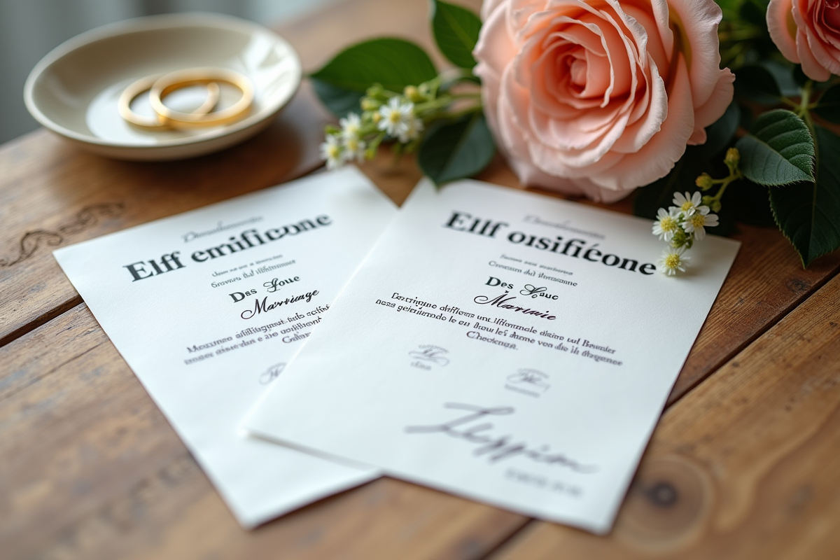 Trois certificats de mariage avec fleurs et alliances sur une table en bois