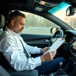 Chauffeur VTC assis dans son véhicule en train d'examiner des documents administratifs avant une course