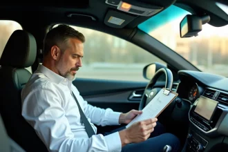 Chauffeur VTC assis dans son véhicule en train d'examiner des documents administratifs avant une course