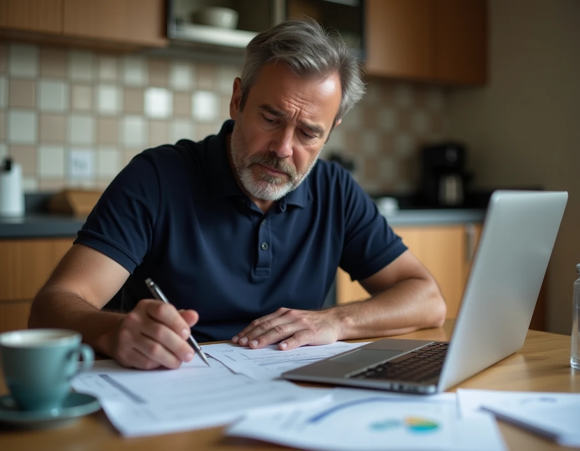 Chauffeur VTC à domicile analysant ses finances et factures sur ordinateur, illustrant les erreurs de gestion coûteuses