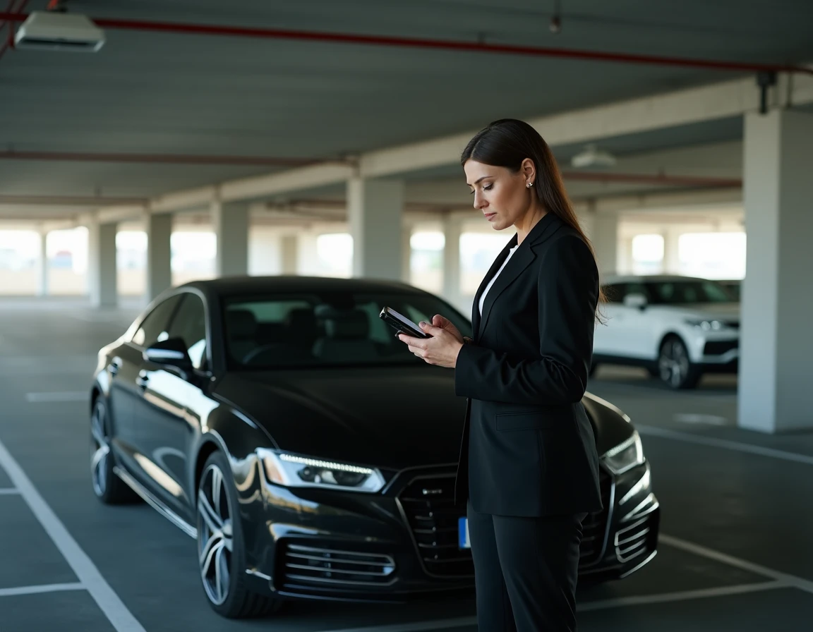 Chauffeure VTC debout près de son véhicule dans un parking, consultant une application de covoiturage sur son téléphone