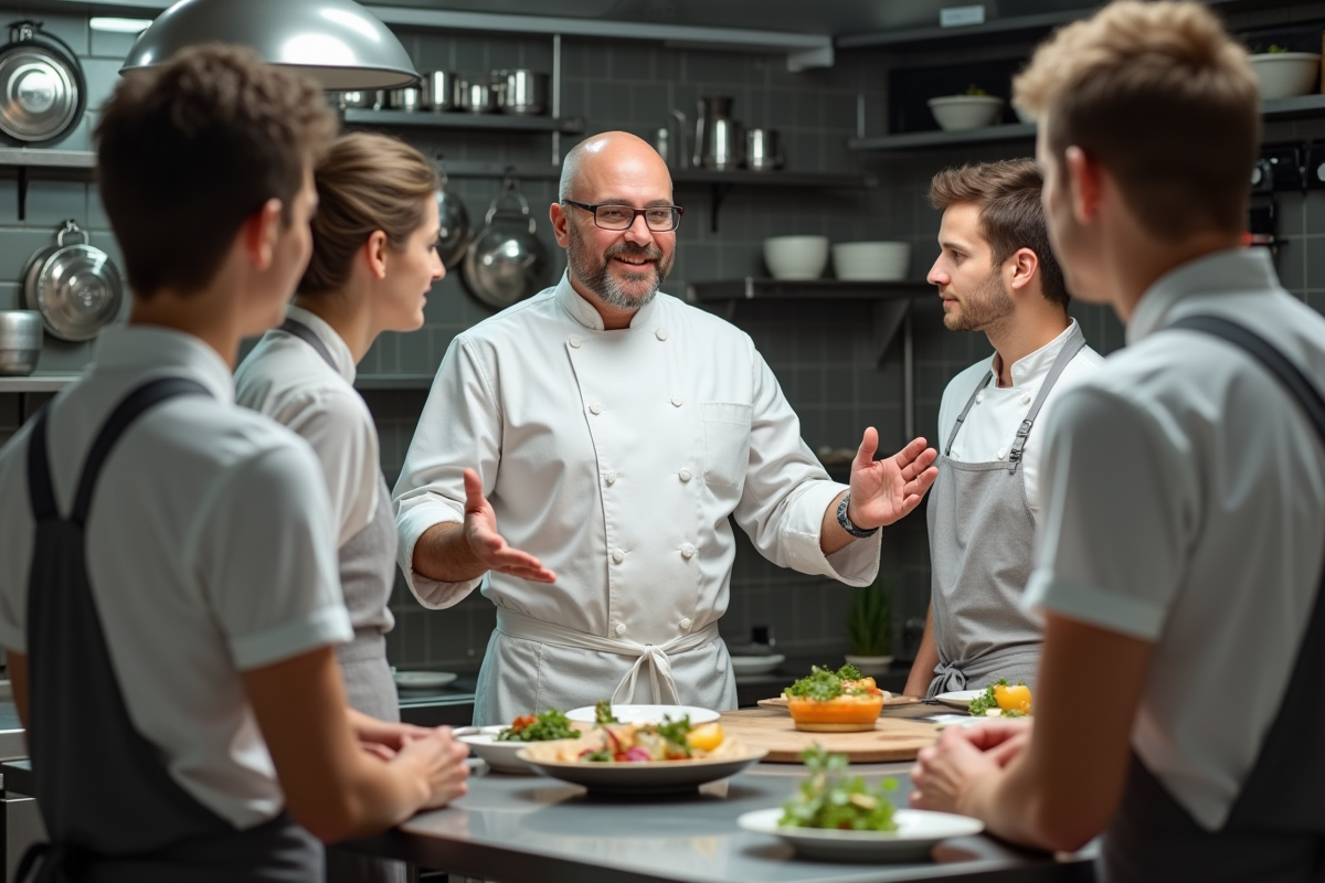 Chef en cuisine enseignant à ses apprentis