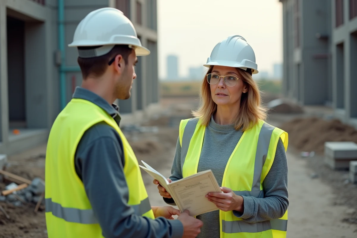 Cheffe de chantier BTP et collègue examinant un livret de certification VAE sur un chantier de construction en cours