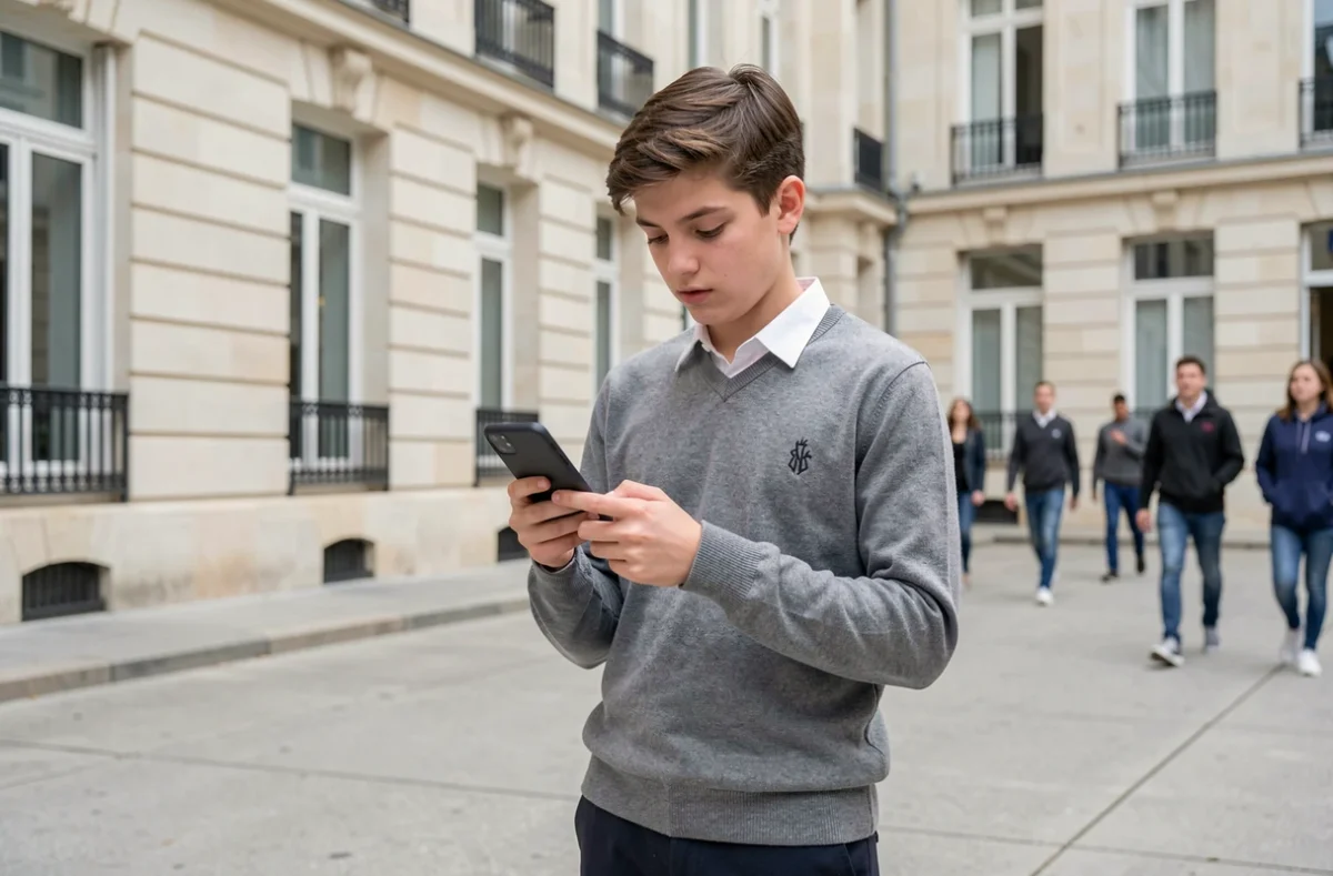 Collégien consultant l'ENT Paris Classe Numérique sur smartphone devant une école parisienne