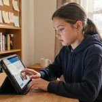 Collégienne consultant le carnet de liaison numérique NÉO Yvelines sur une tablette dans sa chambre