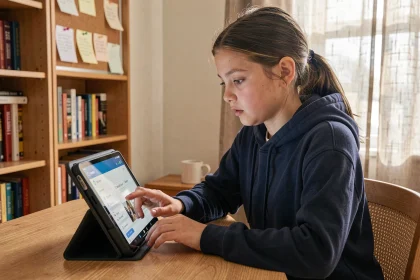 Collégienne consultant le carnet de liaison numérique NÉO Yvelines sur une tablette dans sa chambre