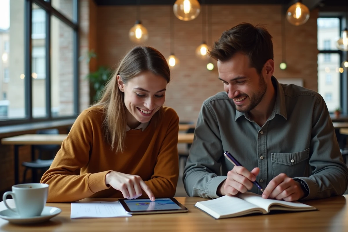 Deux collègues consultant un tableau de bord de gestion des tâches sur tablette dans un espace de coworking parisien