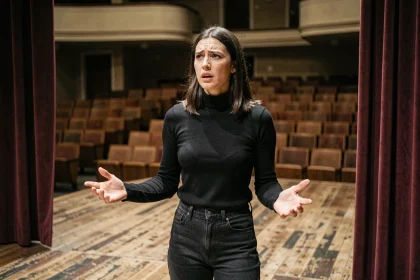 Jeune comédienne en répétition sur scène dans une école de théâtre parisienne, évoquant la formation au Cours Florent
