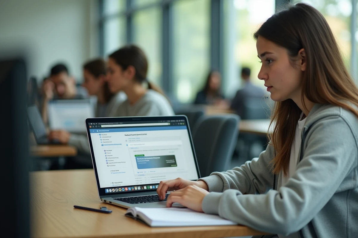 Étudiante comparant l'ENT et la plateforme Celene sur son ordinateur dans un espace de travail universitaire
