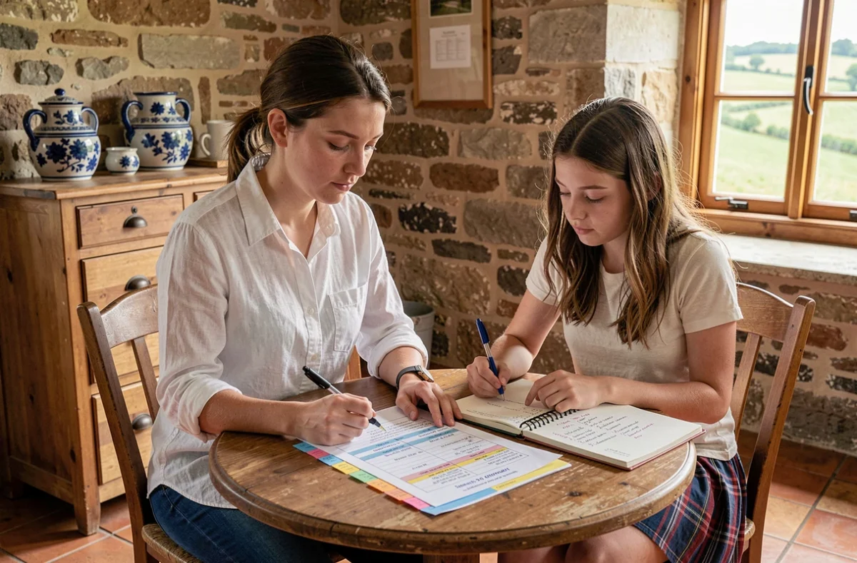 Tutrice Complétude travaillant avec une élève sur un plan de révision structuré dans une ferme bretonne traditionnelle