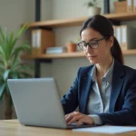 Enseignante se connectant à la boîte académique de Clermont-Ferrand sur un ordinateur portable dans un bureau scolaire