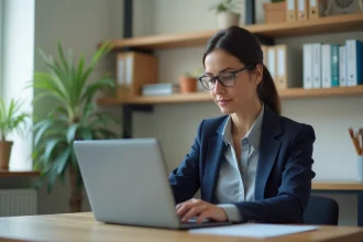Enseignante se connectant à la boîte académique de Clermont-Ferrand sur un ordinateur portable dans un bureau scolaire