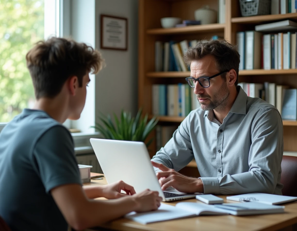 Conseiller d'orientation et lycéen consultant une plateforme d'orientation professionnelle sur ordinateur dans un bureau du lycée Jean Moulin de Vincennes