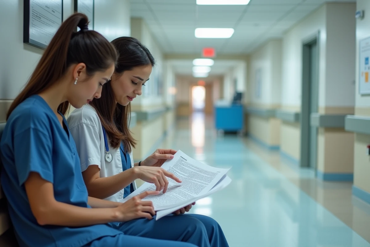Deux femmes révisant une lettre de motivation pour une formation d'auxiliaire de puériculture dans un couloir d'hôpital