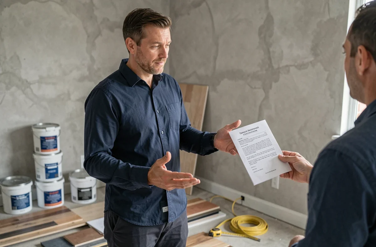 Un consultant en décoscope présente un devis détaillé à un propriétaire sur le chantier de rénovation d'un salon
