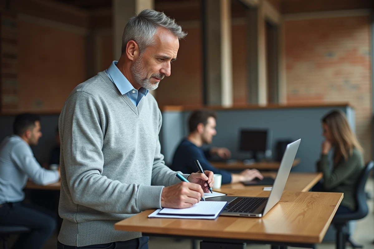 Consultant indépendant prenant des notes lors d'une formation LinkedIn dans un espace de coworking moderne