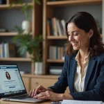 Consultante indépendante étudiant sa formation LinkedIn Emmanuelle Petiau sur son ordinateur portable dans un bureau à domicile professionnel