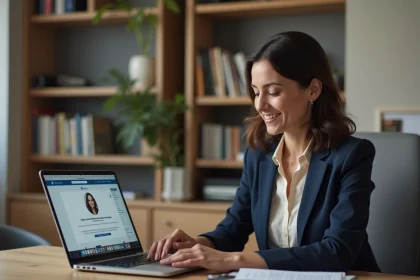 Consultante indépendante étudiant sa formation LinkedIn Emmanuelle Petiau sur son ordinateur portable dans un bureau à domicile professionnel