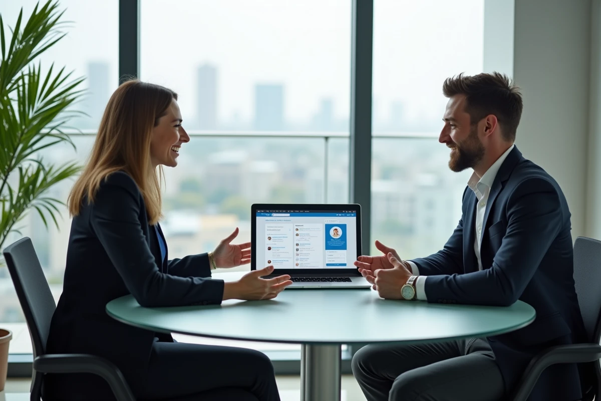 Deux consultants indépendants échangeant sur les bénéfices de la formation LinkedIn Emmanuelle Petiau autour d'un ordinateur portable