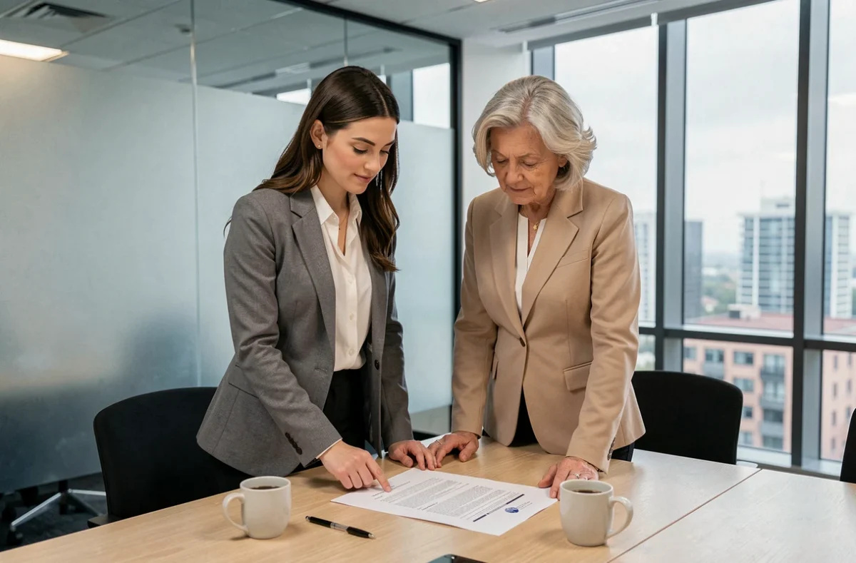 Apprentie et responsable RH examinant ensemble un contrat d'apprentissage et sa grille salariale légale en entreprise