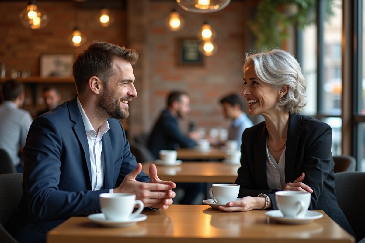 Jeune homme et femme discutent dans un café animé et chaleureux