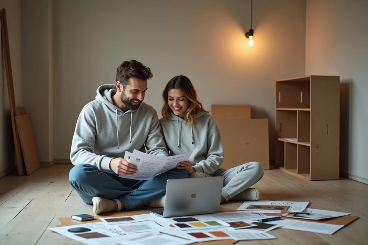 Couple planifiant une rénovation DIY à petit budget sur ordinateur portable avec échantillons de matériaux et notes