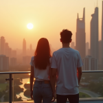 Jeune couple sur un rooftop avec vue sur une ville futuriste au lever du soleil